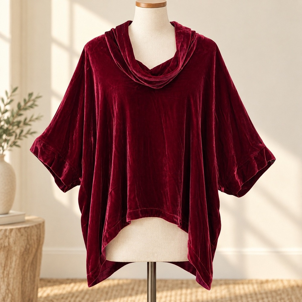 Eileen Fisher Red Velvet Poncho Top S Cowl Neck Dolman Sleeve Holiday Boho